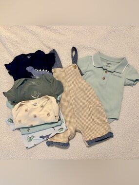 Calvin Klein Mint Polo, Levi’s Overalls and 5 Carter’s Onesies - 18 months